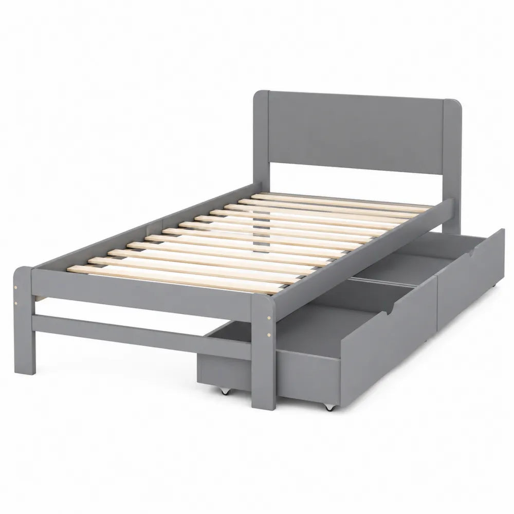 Cama individual gris con cajones de