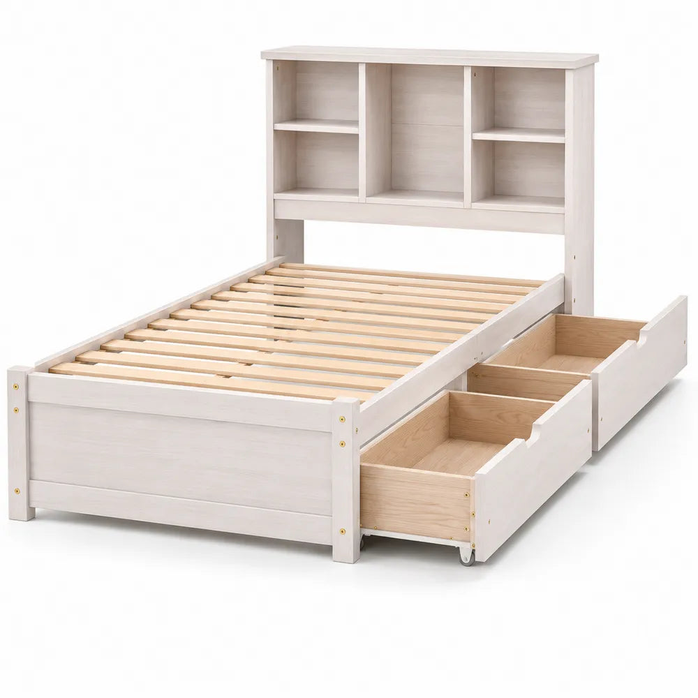 Cama de Madera Blanca con Estanter¨ªa y Cajones 200x100
