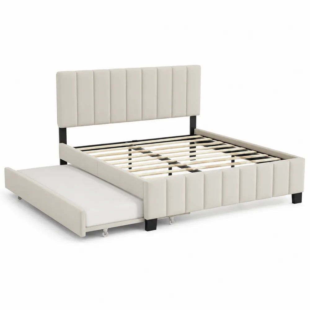 Cama doble de poli¨¦ster beige con cabecero y caj¨®n